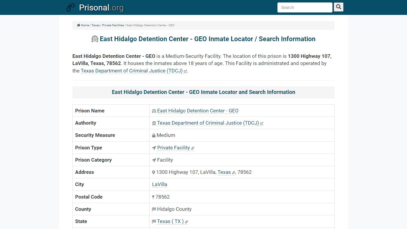 East Hidalgo Detention Center - GEO-Inmate Locator/Search ...